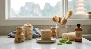 A collection of various plastic-free cleaning essentials starring the best dish soap bar on a marble countertop