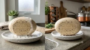 An illustration showing the versatility of an antibacterial hand soap bar for everyday use in both the kitchen and bathroom.