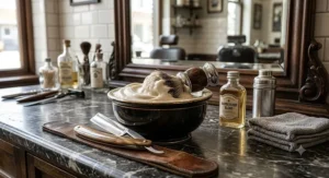 Vintage style shaving soap and bowl set with rich lather next to a classic straight razor.