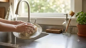 An illustration showing hands using a natural bar soap for the kitchen sink to create rich suds on a ceramic plate.