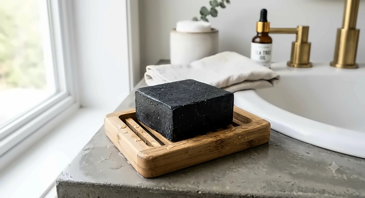Activated charcoal soap bar placed on a bamboo soap dish for oily and acne-prone skin care. charcoal soap for oily and acne-prone skin