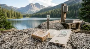 Biodegradable all-purpose camping bar soap next to a Leave No Trace outdoors guide brochure