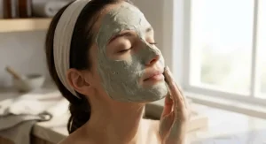 Woman applying rich clay soap lather to forehead and nose to target oily T-zone areas.