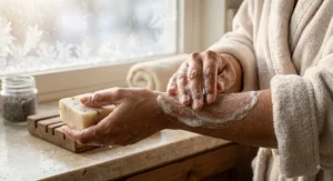Woman applying creamy lather from a shea butter soap bar to soothe dry winter skin