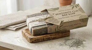 Eco-friendly paper packaging of an American artisan bentonite clay facial soap bar for oily skin.