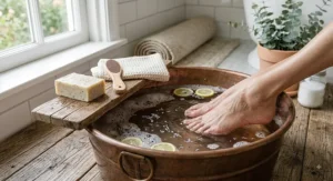 At-home foot spa soaking tub with a butter-rich bar soap for healing dry cracked skin