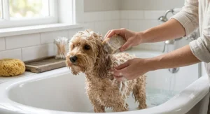 Using an all-natural multi purpose soap bar to gently bathe a dog at home