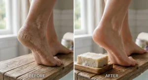 Before and after comparison of dry cracked heel repair using a deeply hydrating butter soap
