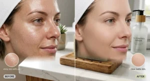Side-by-side comparison showing shiny skin before and a clear matte complexion after using mattifying bar soap