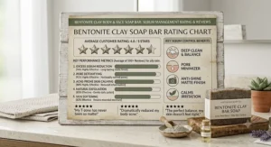 Infographic showing high ratings and key benefits of bentonite clay soap bars for managing excess sebum.