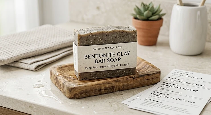 Top-rated bentonite clay bar soap on a wooden dish, showing real customer reviews for oily skin control. bentonite clay bar soap reviews for oily skin