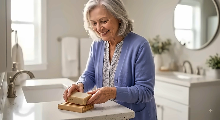 An older woman smiling while placing a gentle hydrating bar soap for dry skin on a bathroom counter.