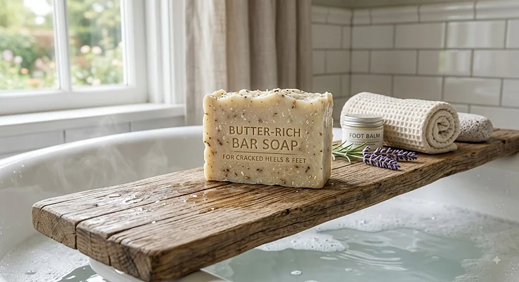 Butter-rich bar soap for cracked heels and feet placed on a wooden bath tray