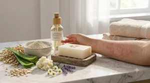Illustration of a calming gentle bar soap helping soothe skin redness and eczema flare-ups.