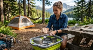 Hiker using an all-purpose camping soap bar to wash camp cookware in a collapsible basin near a tent