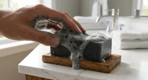 Close-up of rich cleansing lather from an activated charcoal mattifying facial soap bar