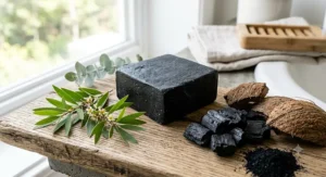 Natural charcoal soap bar surrounded by tea tree leaves and coconut shell charcoal for deep pore cleansing.