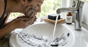 Foaming charcoal soap wash being rinsed off a face in a modern bathroom skincare routine.