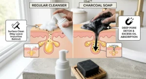 Infographic diagram illustrating how charcoal soap absorbs skin oil and impurities better than regular soap.