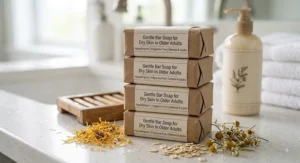 A stack of natural bar soap for dry skin in older adults packaged in eco-friendly paper wrapping.