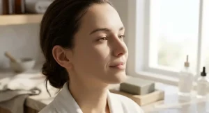 Clear, fresh face with visibly reduced pores and smooth matte complexion after clay soap cleansing.