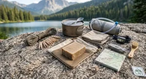 Compact all-purpose camp soap bar packed alongside lightweight backpacking trail gear