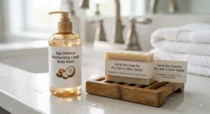 Side-by-side comparison of a moisturizing liquid body wash and a bar soap for dry skin in older adults.