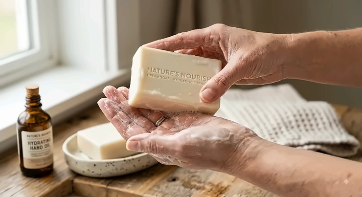 Nourishing cream bar soap infused with moisturizers formulated to hydrate extremely dry hands.