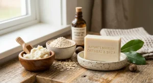 Key moisturizing ingredients like shea butter and colloidal oatmeal pictured alongside a cream bar soap for dry hands.