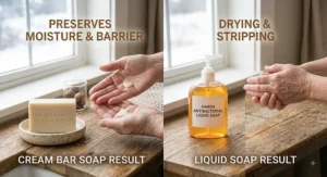 Visual comparison showing how cream bar soap preserves skin moisture compared to drying liquid hand soaps.