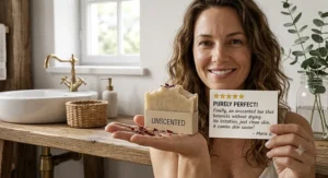 Customer holding an unscented natural bar soap with a positive written review