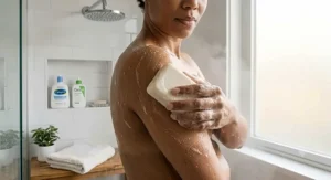 Illustration of a dermatologist-recommended bar soap used during a daily shower routine for healthy skin.