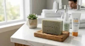 Daily oil-control skincare setup featuring a mattifying bar soap for oily face alongside moisturizer and sunscreen