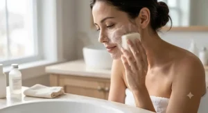 Woman using gentle sensitive skin bar soap as part of a daily facial skincare routine