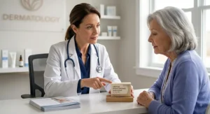 A dermatologist pointing to a gentle fragrance-free bar soap for dry skin in older adults.