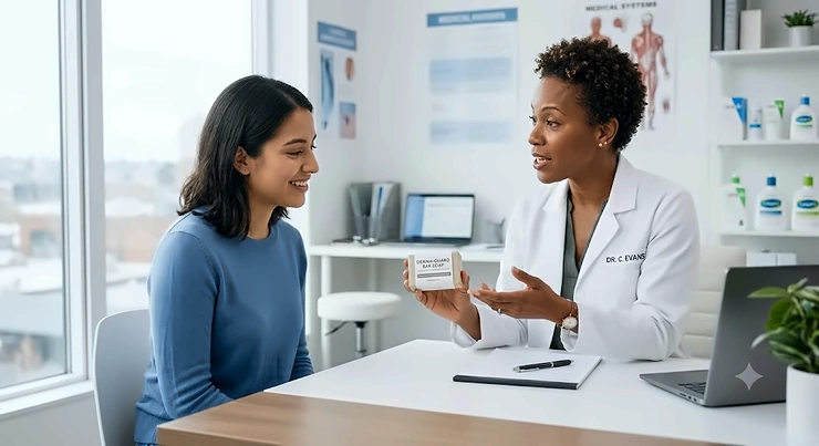 Illustration of a dermatologist presenting a recommended bar soap to a patient during a skincare consultation.