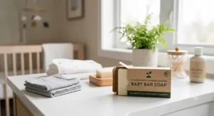 Zero-waste recyclable packaging for hypoallergenic baby soap bar on a modern nursery bathroom counter.
