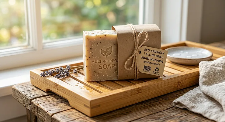 An eco-friendly multi purpose soap bar displayed on a bamboo tray with recyclable packaging