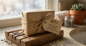 Zero-waste paper packaging for an all-natural shea butter bar soap designed for winter skin care