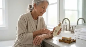 An elderly person applying body lotion after cleansing with a mild bar soap for dry skin.