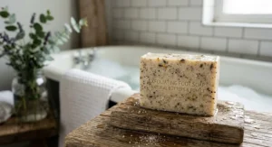 Exfoliating foot soap bar enriched with natural cocoa butter and pumice for smooth feet
