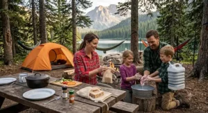 Family sitting around a campsite using an all-purpose camping bar soap for quick cleanup before dinner
