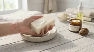 Illustration of a fragrance-free gentle bar soap designed to cleanse dry and allergy-prone skin without irritation.