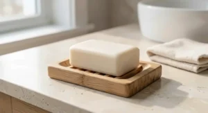 Fragrance-free sensitive skin bar soap resting on an eco-friendly wooden soap dish