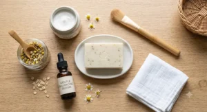 Flat lay arrangement of a daily facial skincare routine featuring a gentle balancing bar soap.