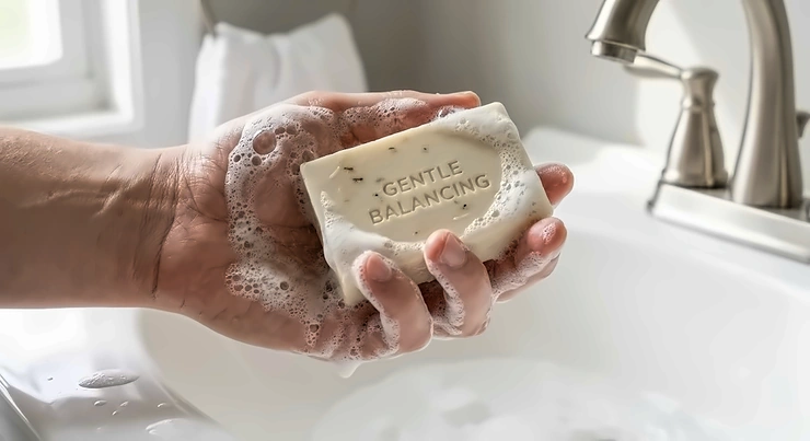 Gentle balancing bar soap creating a rich lather held in a hand over a bathroom sink.