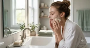 Woman washing her face with gentle balancing bar soap for sensitive skin in a modern bathroom.