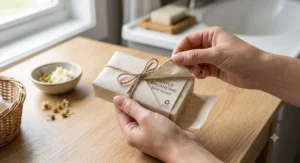 Unboxing a gentle balancing bar soap packaged in recyclable paper wrapping.