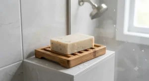 Gentle balancing bar soap resting on an eco-friendly wooden soap dish in a tiled shower.