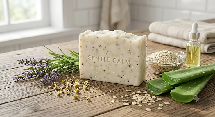 Illustration of a gentle bar soap for eczema and allergy-prone skin with soothing natural botanical ingredients.